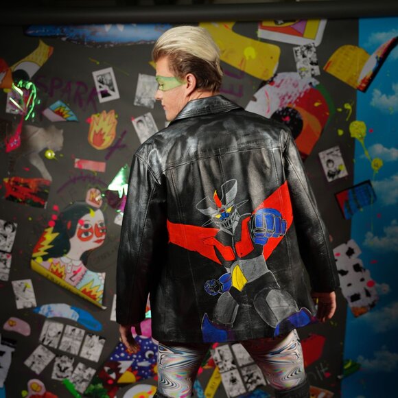 Upcycled Unisex Leather Jacket, Hand-Painted with Mazinger Print, Size L - Picture 3 of 11